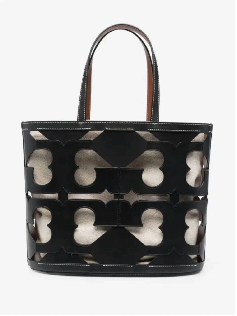 Tory Burch Cutout Logo Leather Tote Bag with Natural Canvas Interior
